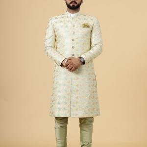 Regal Lemon-Yellow Thread Embroidered Sherwani | Father Son Combo | Perfect Groom Wear Achkan